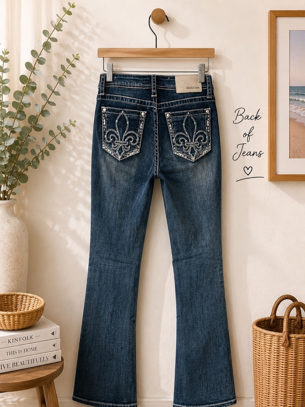 Grace in LA Easy Fit Bootcut Jeans 27x32 Fleur De Lis Pocket EUC